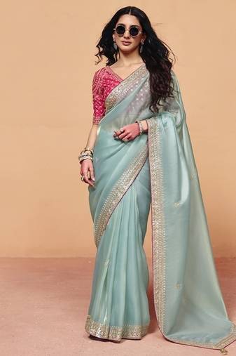 Light sky blue organza with sequince heavy embroidery work designer saree