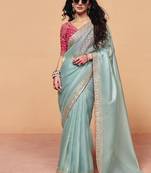 Light sky blue organza with sequince heavy embroidery work designer saree