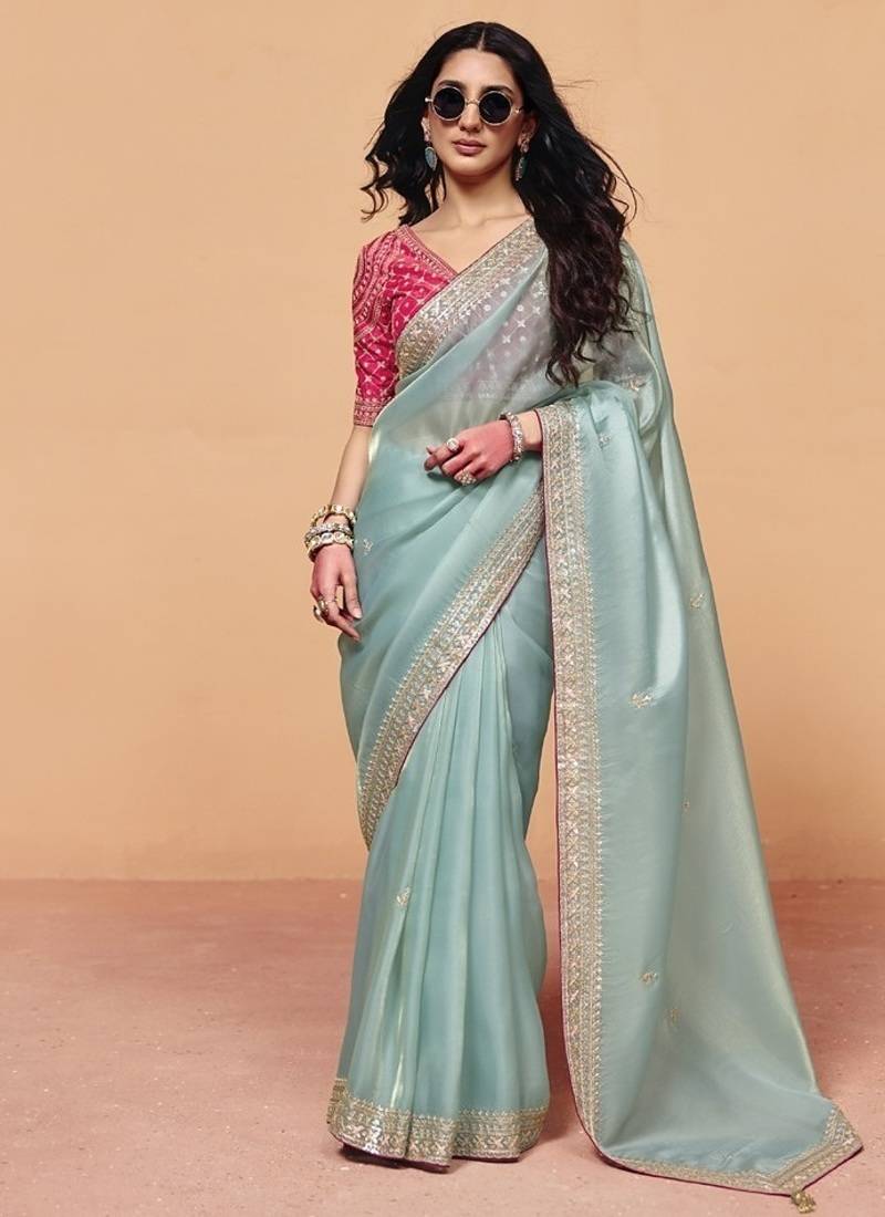 Light sky blue organza with sequince heavy embroidery work designer saree