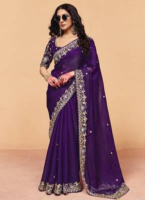 Dark purple organza crush with sequince heavy embroidery work designer saree 1
