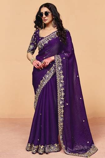 Dark purple organza crush with sequince heavy embroidery work designer saree