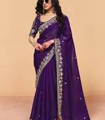 Dark purple organza crush with sequince heavy embroidery work designer saree