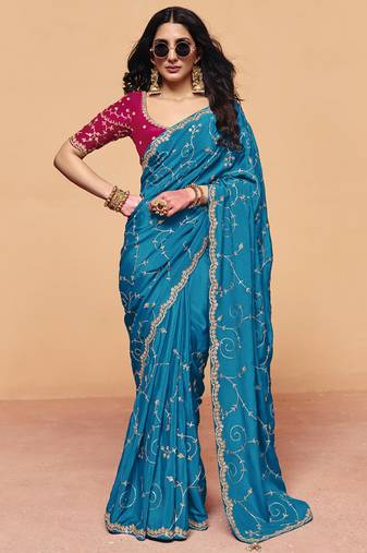 Aqua satin silk with sequince heavy embroidery work designer saree