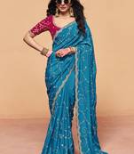 Aqua satin silk with sequince heavy embroidery work designer saree