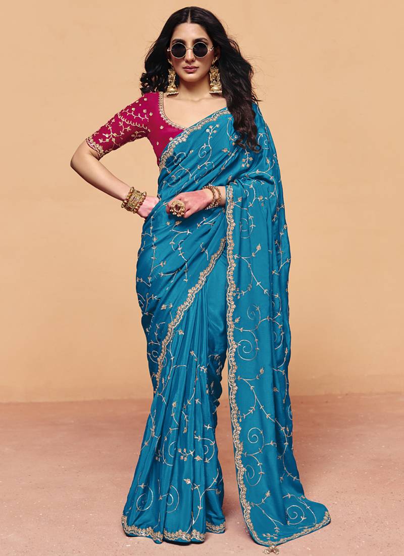 Aqua satin silk with sequince heavy embroidery work designer saree