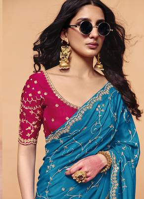 Aqua satin silk with sequince heavy embroidery work designer saree 2