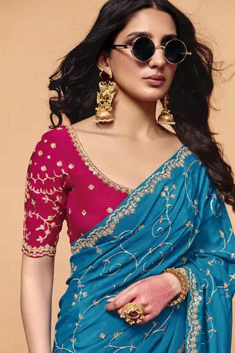 Aqua satin silk with sequince heavy embroidery work designer saree