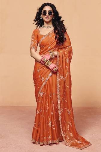 Orange organza satin with sequince heavy embroidery work designer saree