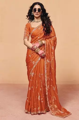 Orange organza satin with sequince heavy embroidery work designer saree
