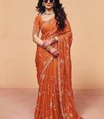 Orange organza satin with sequince heavy embroidery work designer saree