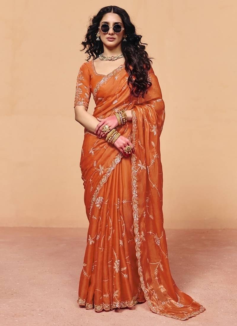 Orange organza satin with sequince heavy embroidery work designer saree