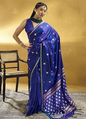 Navy blue  purple pure satin handloom weaving festival wear saree 1