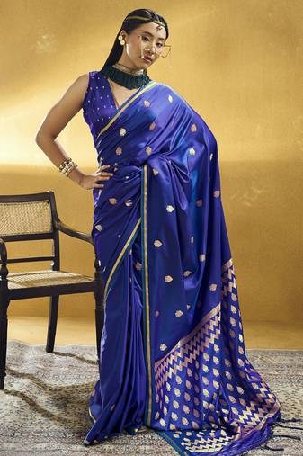 Navy blue  purple pure satin handloom weaving festival wear saree