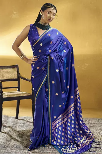 Navy blue  purple pure satin handloom weaving festival wear saree