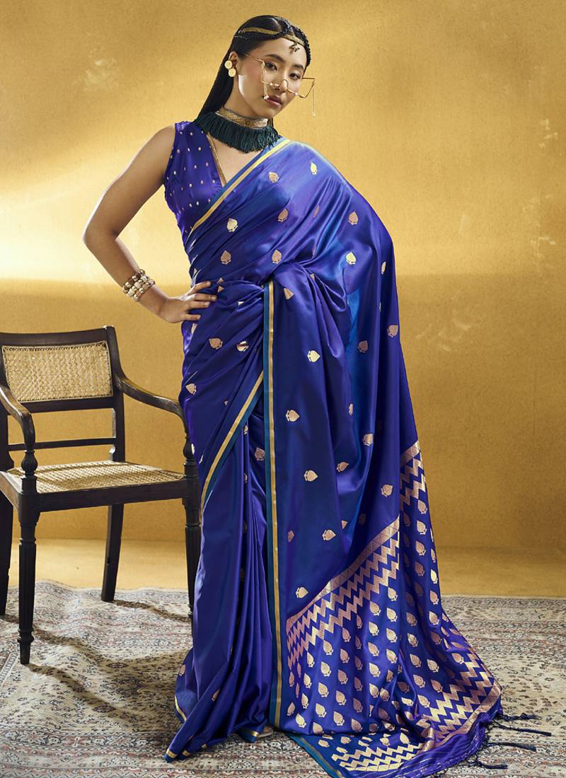 Navy blue  purple pure satin handloom weaving festival wear saree