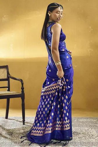 Navy blue  purple pure satin handloom weaving festival wear saree