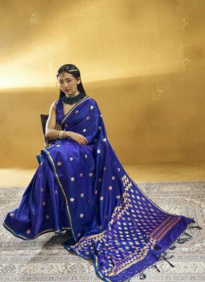 Navy blue  purple pure satin handloom weaving festival wear saree 3