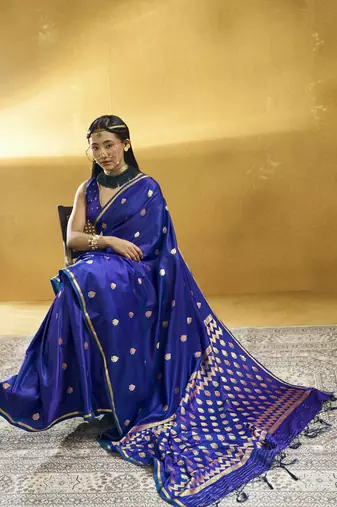 Navy blue  purple pure satin handloom weaving festival wear saree