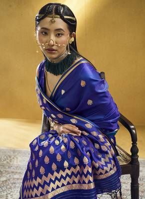 Navy blue  purple pure satin handloom weaving festival wear saree 4