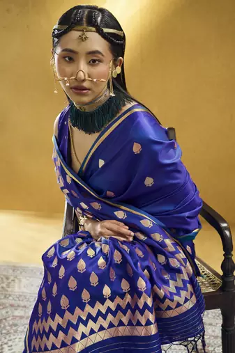 Navy blue  purple pure satin handloom weaving festival wear saree