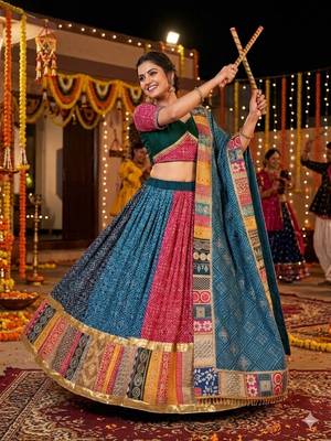 Multicolor Designer Muslin Cotton Printed Lehenga Choli Set with Mirror Work Dupatta 1