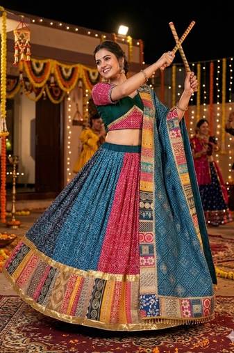 Multicolor Designer Muslin Cotton Printed Lehenga Choli Set with Mirror Work Dupatta