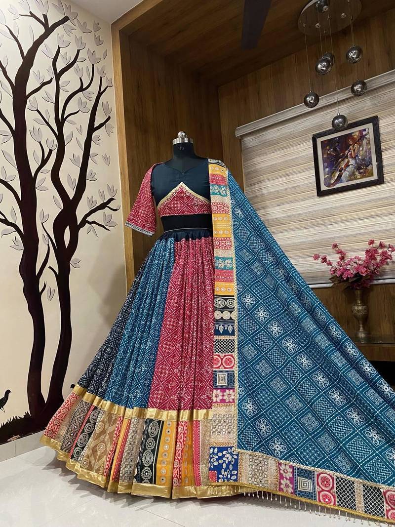Multicolor Designer Muslin Cotton Printed Lehenga Choli Set with Mirror Work Dupatta