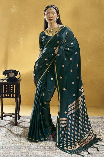 Rama green pure satin handloom weaving festival wear saree