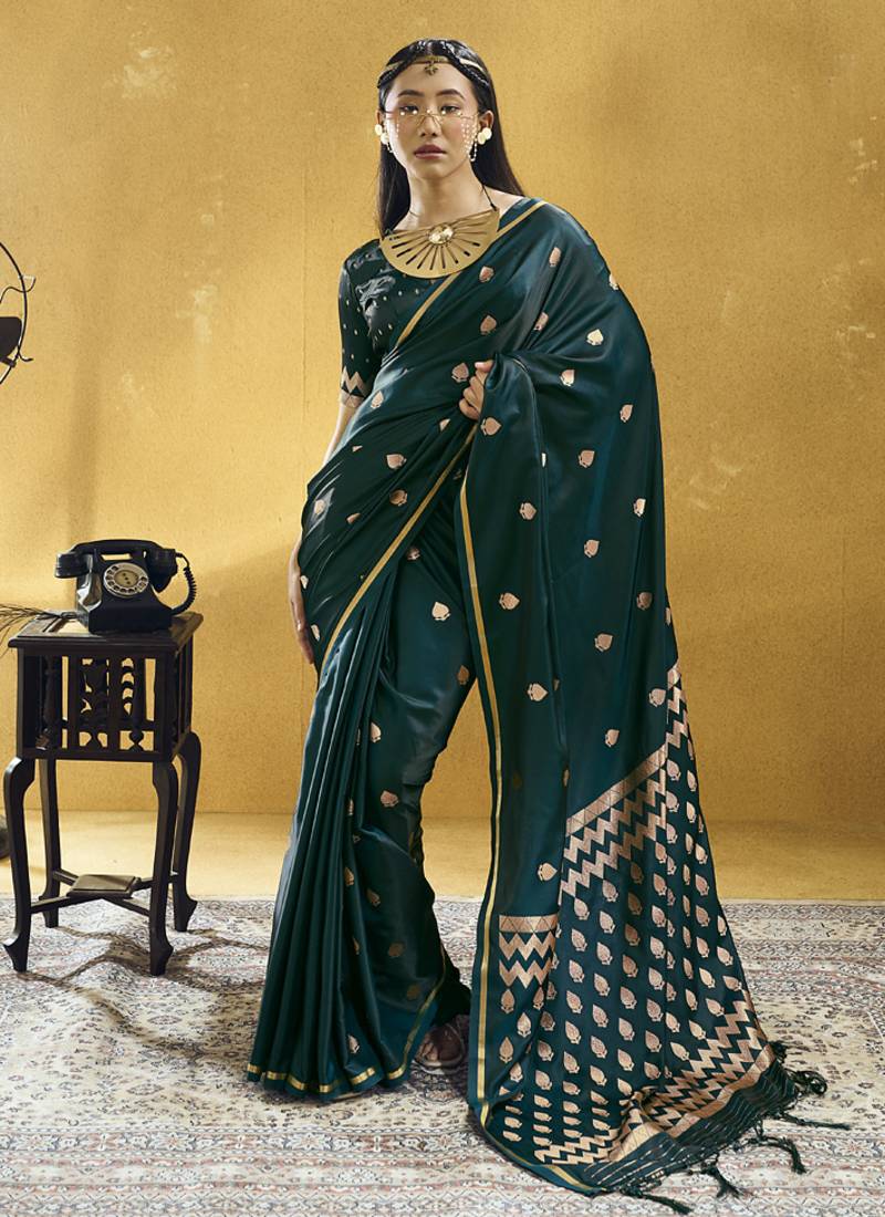 Rama green pure satin handloom weaving festival wear saree