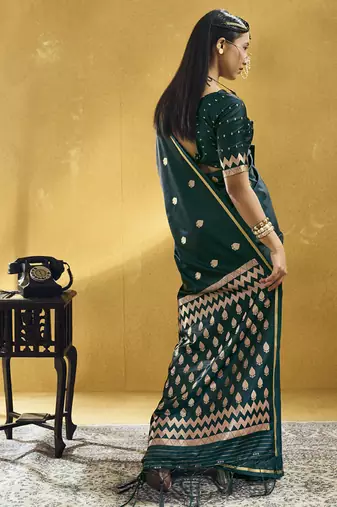 Rama green pure satin handloom weaving festival wear saree