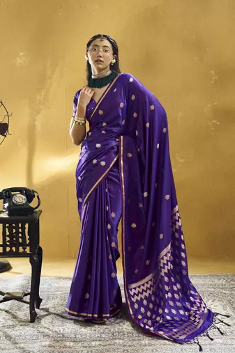 Dark purple pure satin handloom weaving festival wear saree