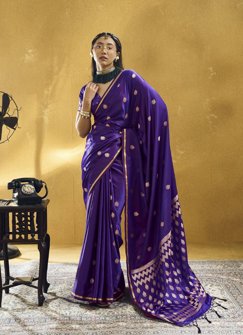 Dark purple pure satin handloom weaving festival wear saree