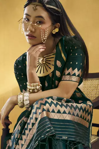 Rama green pure satin handloom weaving festival wear saree