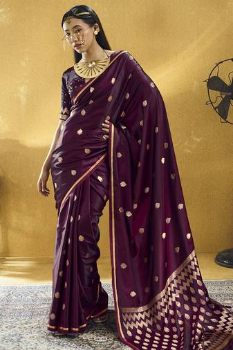 Wine  purple pure satin handloom weaving festival wear saree