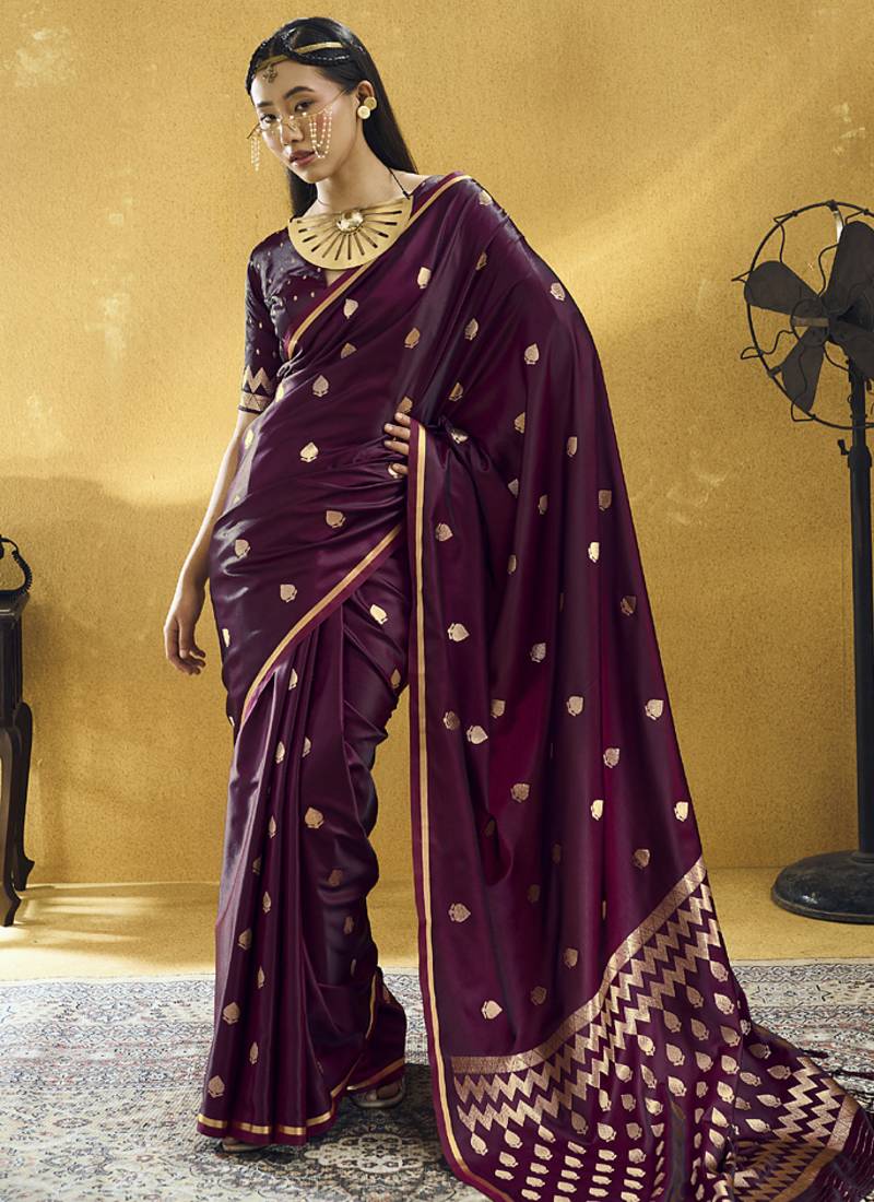 Wine  purple pure satin handloom weaving festival wear saree