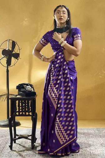 Dark purple pure satin handloom weaving festival wear saree
