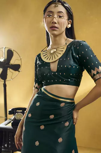 Rama green pure satin handloom weaving festival wear saree