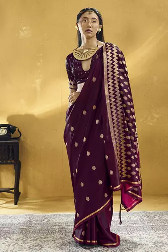 Wine  purple pure satin handloom weaving festival wear saree