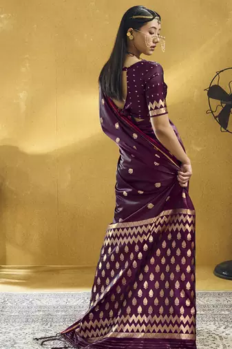 Wine  purple pure satin handloom weaving festival wear saree