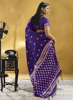 Dark purple pure satin handloom weaving festival wear saree 4