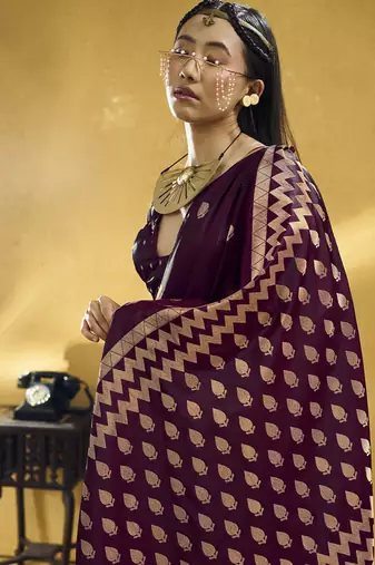 Wine  purple pure satin handloom weaving festival wear saree