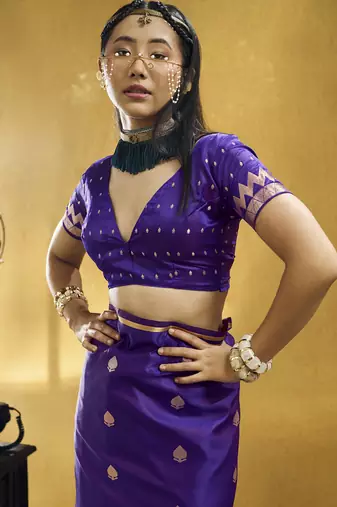 Dark purple pure satin handloom weaving festival wear saree