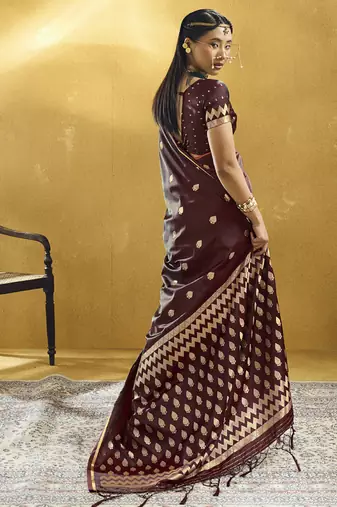 Dark maroon pure satin handloom weaving festival wear saree