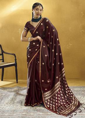 Dark maroon pure satin handloom weaving festival wear saree 2