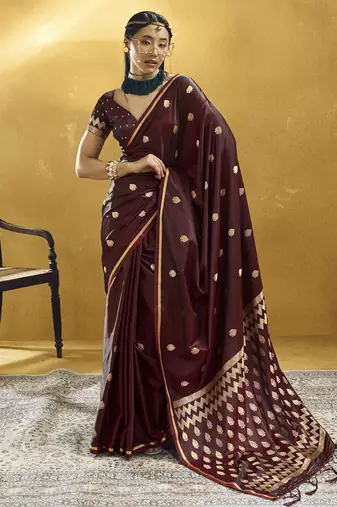 Dark maroon pure satin handloom weaving festival wear saree