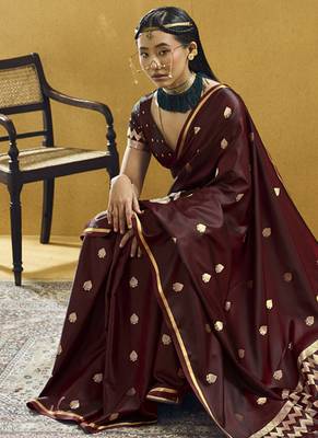 Dark maroon pure satin handloom weaving festival wear saree 3