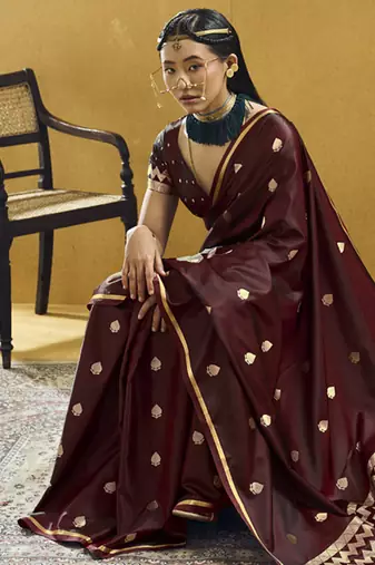 Dark maroon pure satin handloom weaving festival wear saree