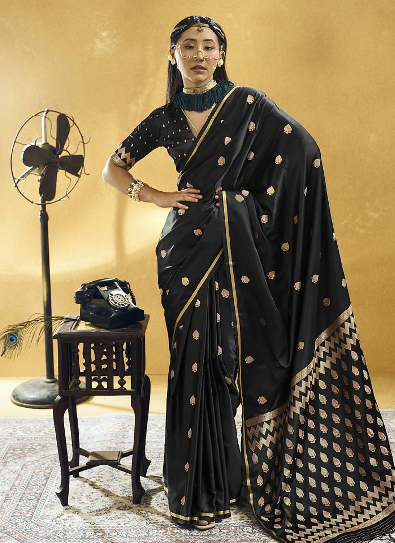 Black  purple pure satin handloom weaving festival wear saree