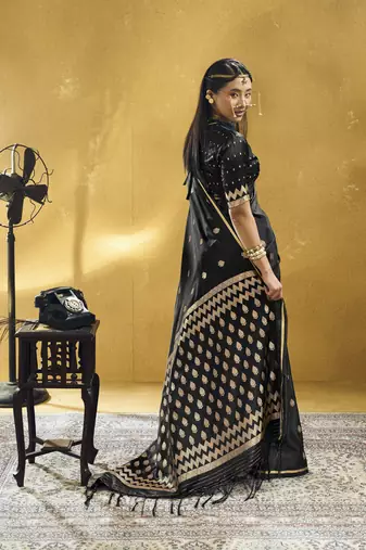 Black  purple pure satin handloom weaving festival wear saree