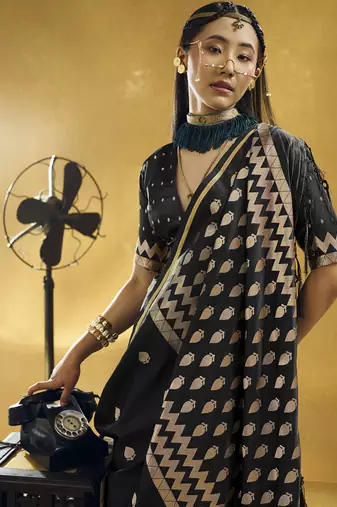 Black  purple pure satin handloom weaving festival wear saree
